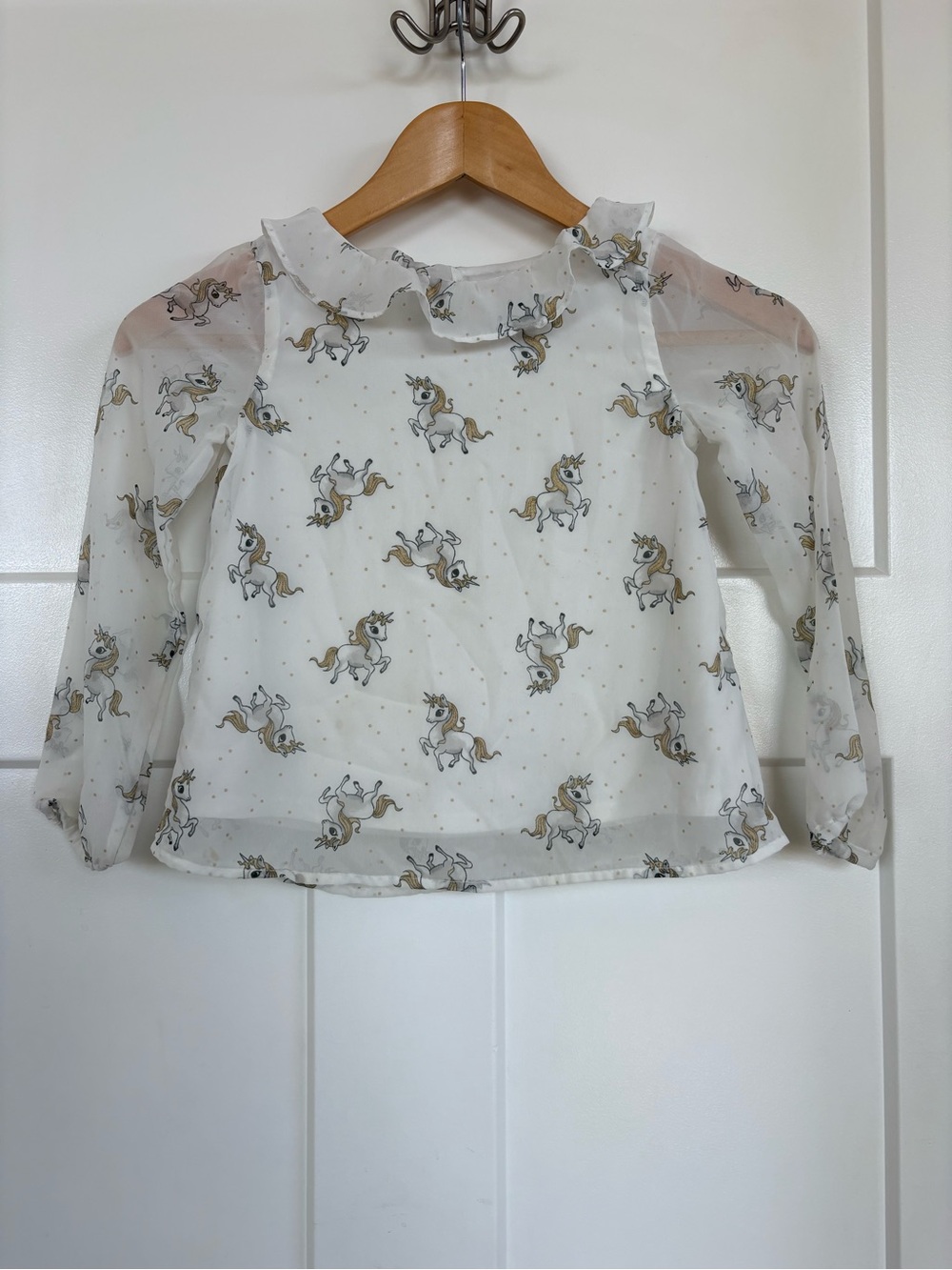 H&M Girls White Unicorn Print Ruffle Collar Top with Sheer Sleeves Size 6/7
